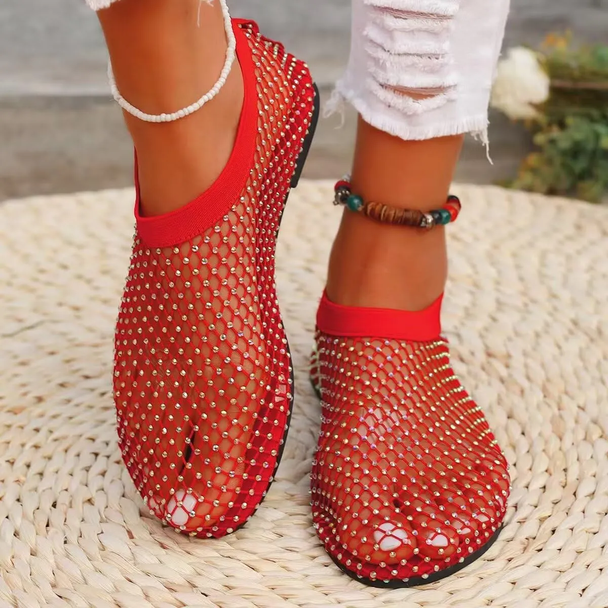 Mesh Ballet Flats Round Toe Shiny Gem Mesh Flats Rhinestone Short Boots Sexy Sandals Cutout Sparkly Comfortable Beach Casual Dress Flats for Women