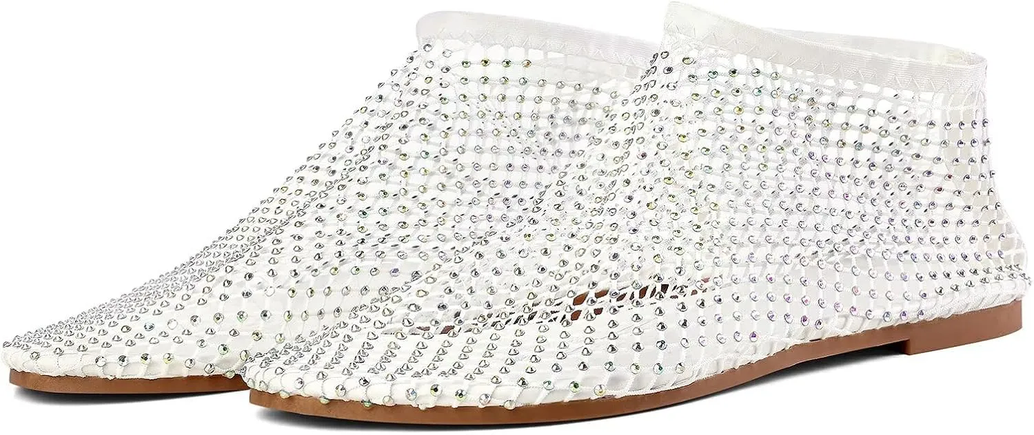Mesh Ballet Flats Round Toe Shiny Gem Mesh Flats Rhinestone Short Boots Sexy Sandals Cutout Sparkly Comfortable Beach Casual Dress Flats for Women