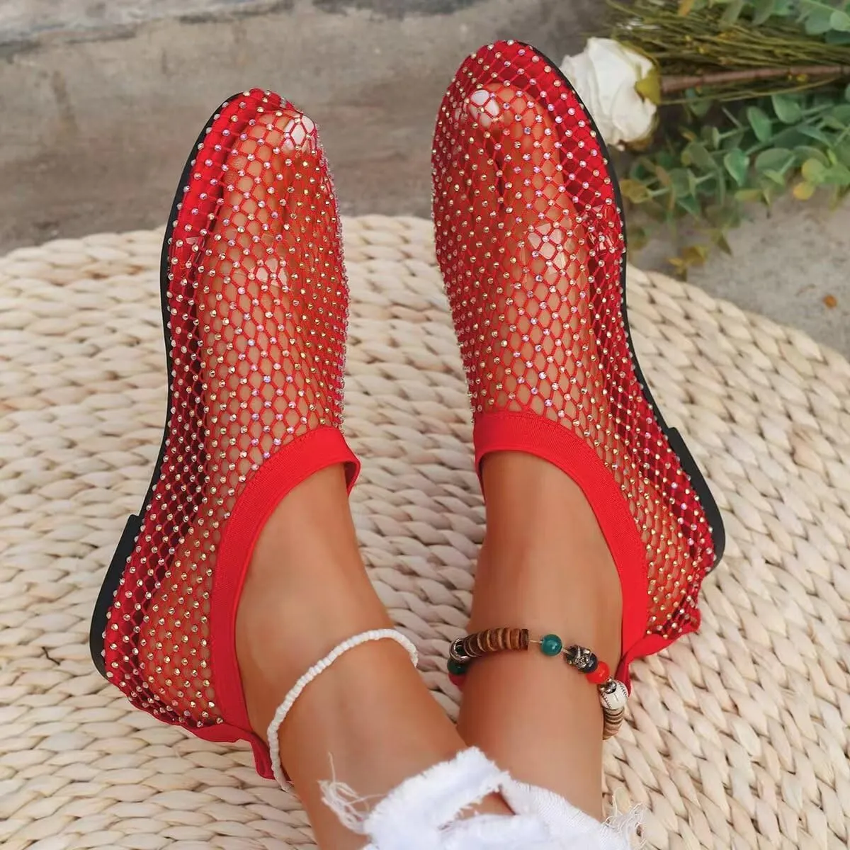 Mesh Ballet Flats Round Toe Shiny Gem Mesh Flats Rhinestone Short Boots Sexy Sandals Cutout Sparkly Comfortable Beach Casual Dress Flats for Women