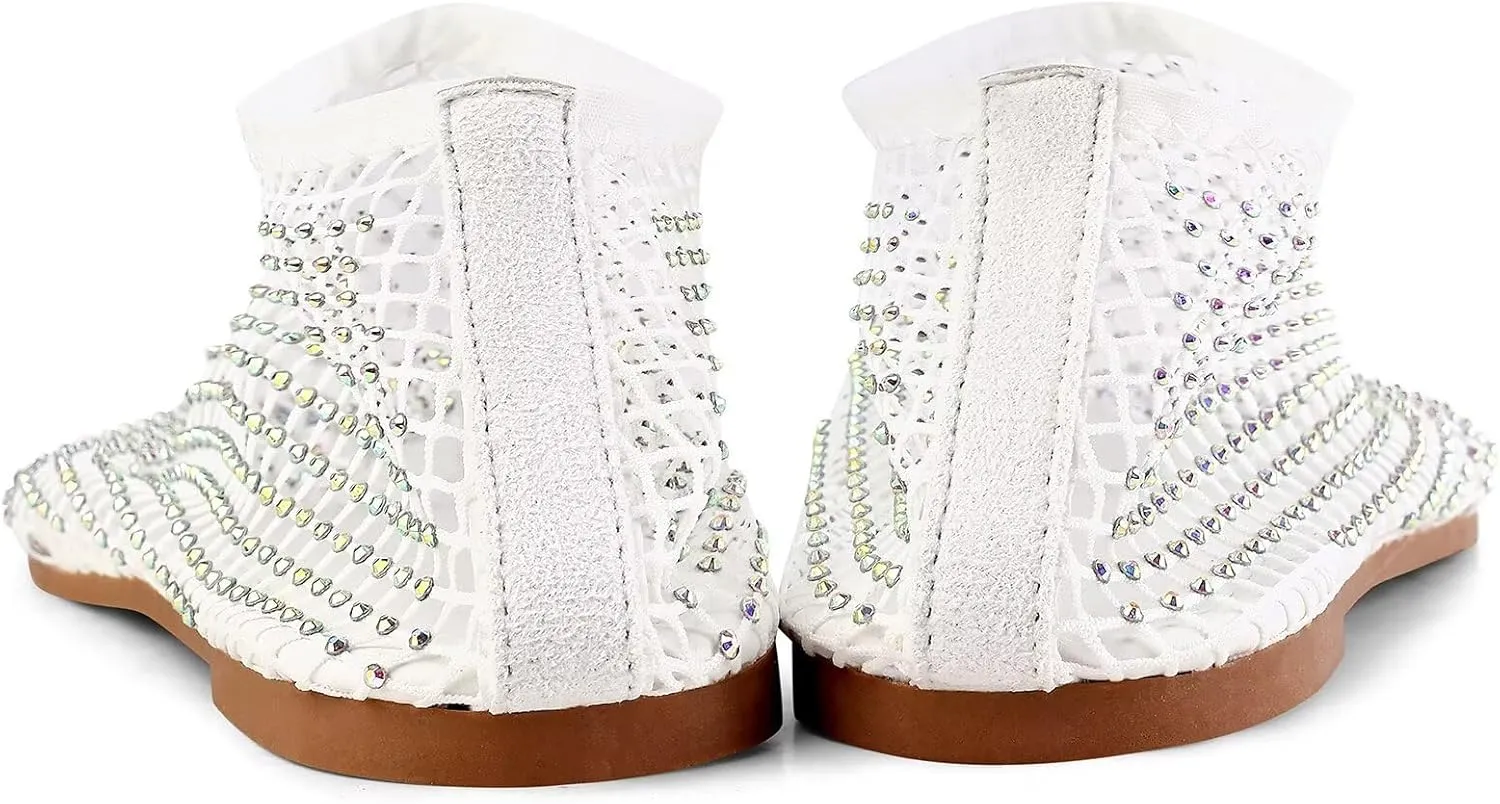 Mesh Ballet Flats Round Toe Shiny Gem Mesh Flats Rhinestone Short Boots Sexy Sandals Cutout Sparkly Comfortable Beach Casual Dress Flats for Women