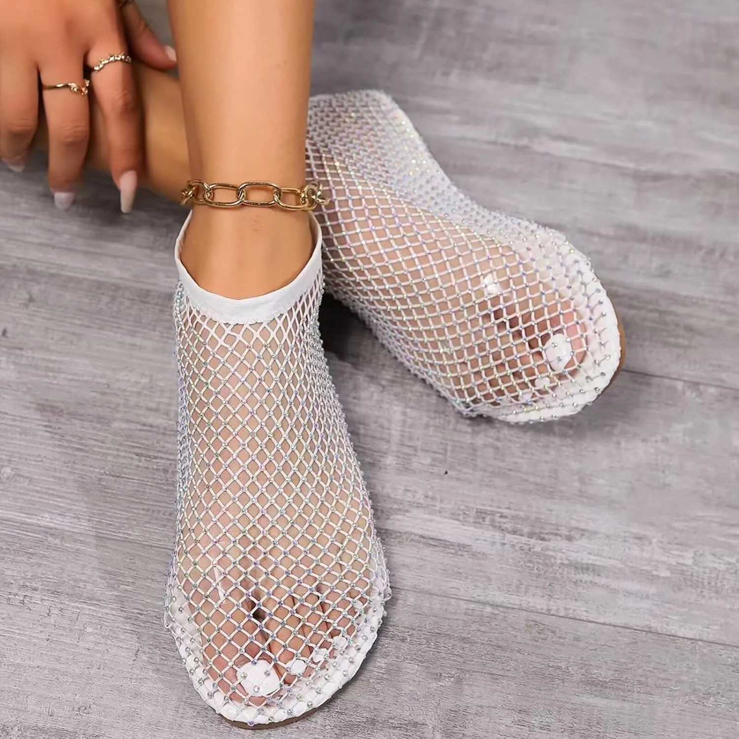 Mesh Ballet Flats Round Toe Shiny Gem Mesh Flats Rhinestone Short Boots Sexy Sandals Cutout Sparkly Comfortable Beach Casual Dress Flats for Women