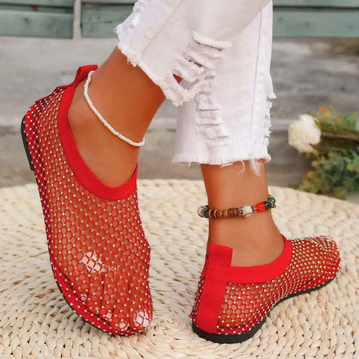 Mesh Ballet Flats Round Toe Shiny Gem Mesh Flats Rhinestone Short Boots Sexy Sandals Cutout Sparkly Comfortable Beach Casual Dress Flats for Women