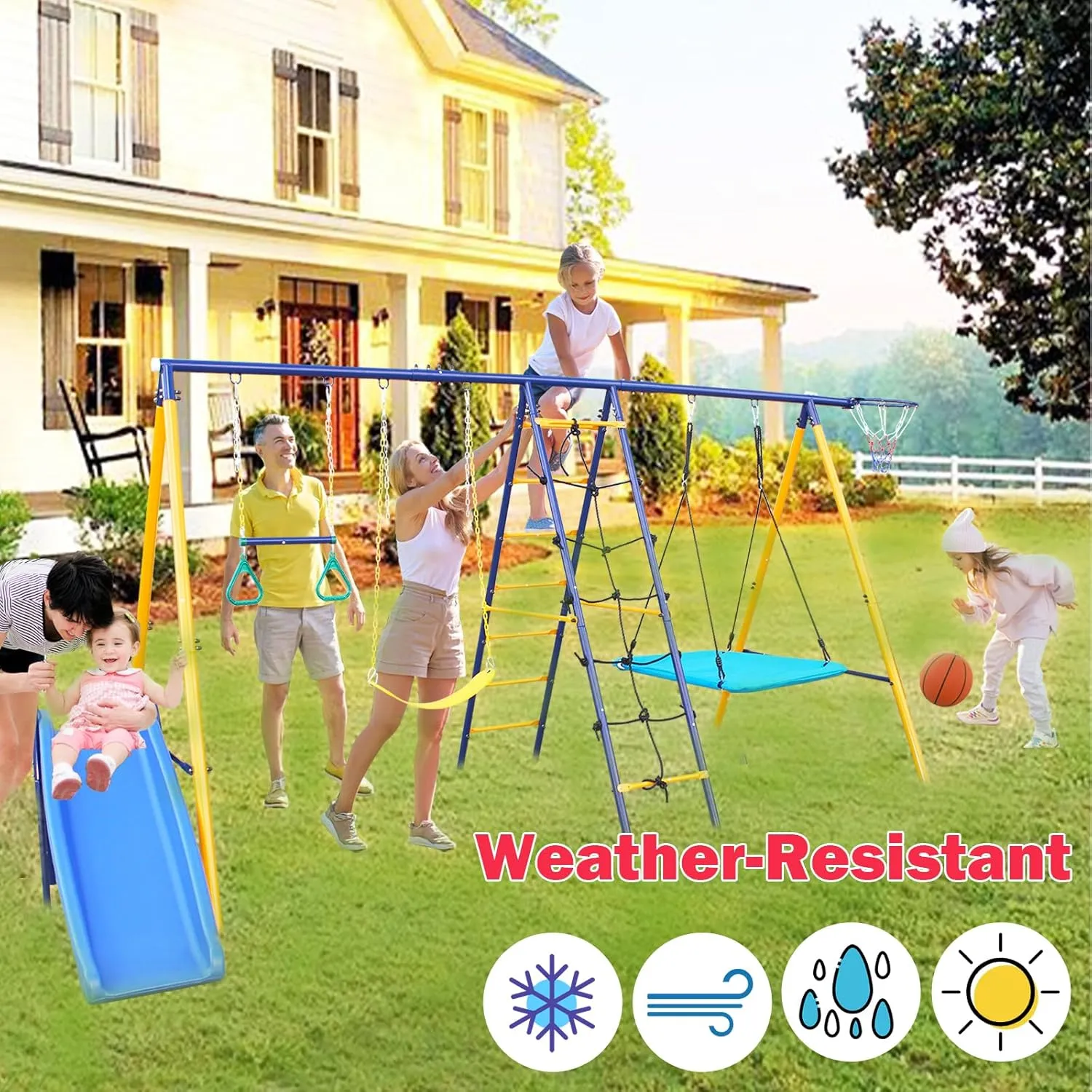 Metal Swing Set, 7 in 1 Multifunction Kids Outdoor Swing Set w/U-Swing, Square Swing, Climbing net, Climbing Ladder, Slide, Gym Ring, Basketball Hoop, 500 LBS Heavy Duty Large Swing Frame