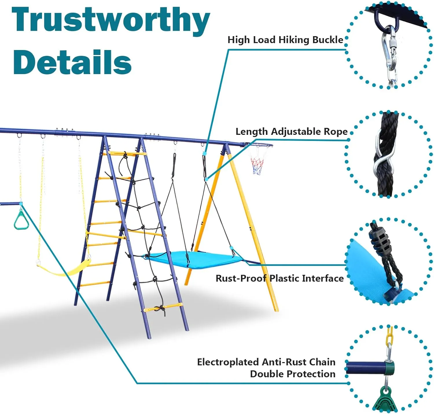 Metal Swing Set, 7 in 1 Multifunction Kids Outdoor Swing Set w/U-Swing, Square Swing, Climbing net, Climbing Ladder, Slide, Gym Ring, Basketball Hoop, 500 LBS Heavy Duty Large Swing Frame