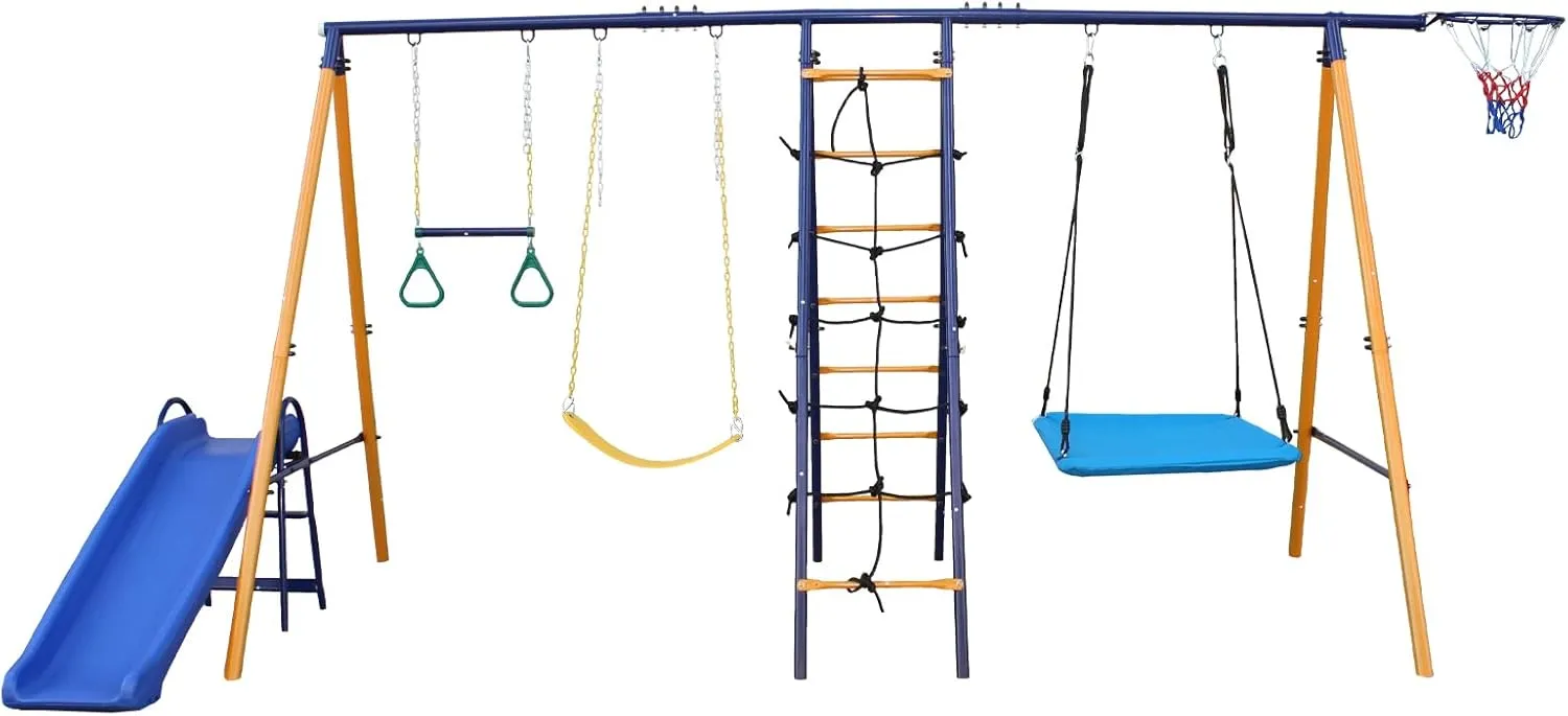 Metal Swing Set, 7 in 1 Multifunction Kids Outdoor Swing Set w/U-Swing, Square Swing, Climbing net, Climbing Ladder, Slide, Gym Ring, Basketball Hoop, 500 LBS Heavy Duty Large Swing Frame