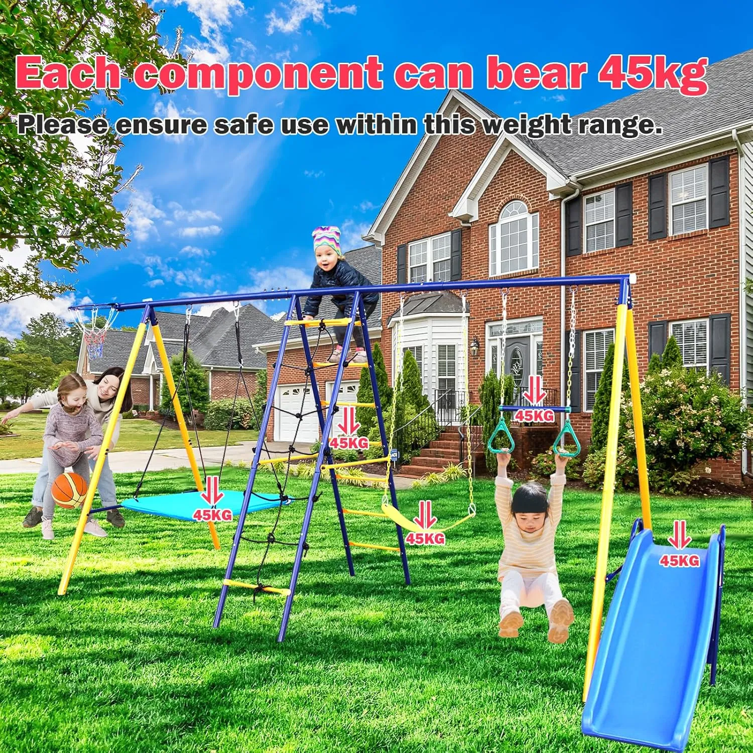 Metal Swing Set, 7 in 1 Multifunction Kids Outdoor Swing Set w/U-Swing, Square Swing, Climbing net, Climbing Ladder, Slide, Gym Ring, Basketball Hoop, 500 LBS Heavy Duty Large Swing Frame