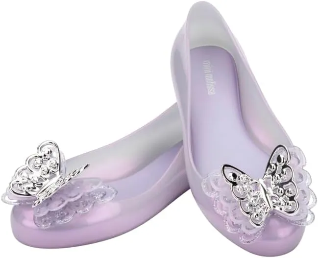 mini melissa Sweet Love Fly Jelly Flats for Girls- Girl's Ballet Flats w/Butterfly Design, Ballerina Flats, Kids Jelly Shoes