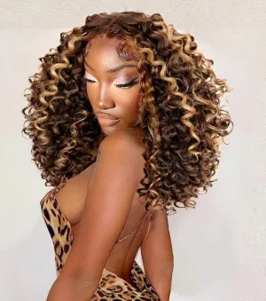 MITIMTES 16inch P4/27 Omber Honey Blonde Highlight HD Glueless Curly Lace Front Wig Pre Plucked with Babyhair Human Hair Blend Synthetic Short Curly Frontal Wig for Black Women