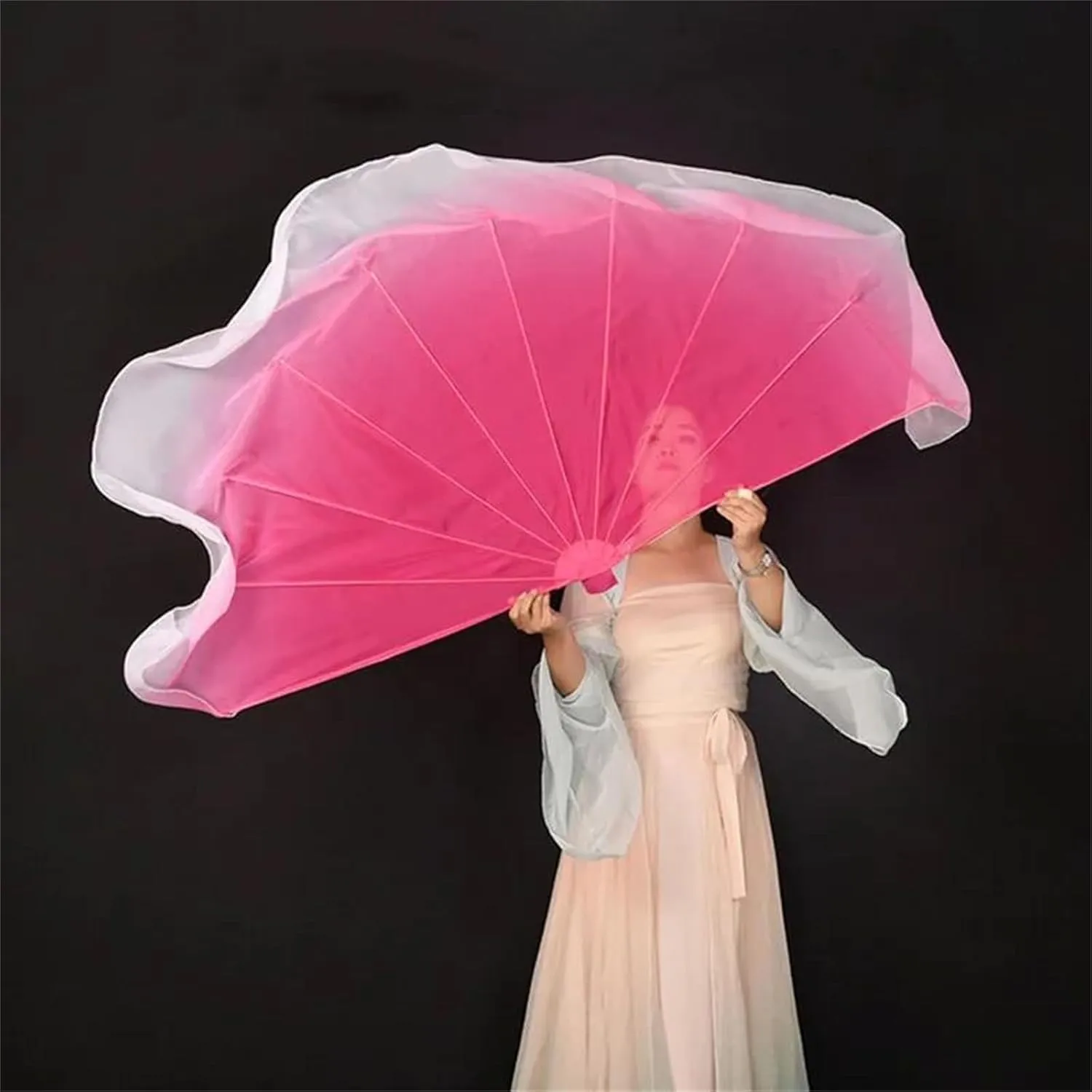 Mnjyihy 2Pcs Light Weight Flowy Fishbone Fan Opening Stage Props Chiffon Chinese Folk Dance Performance Gradient Colour Dance Yangko Fan