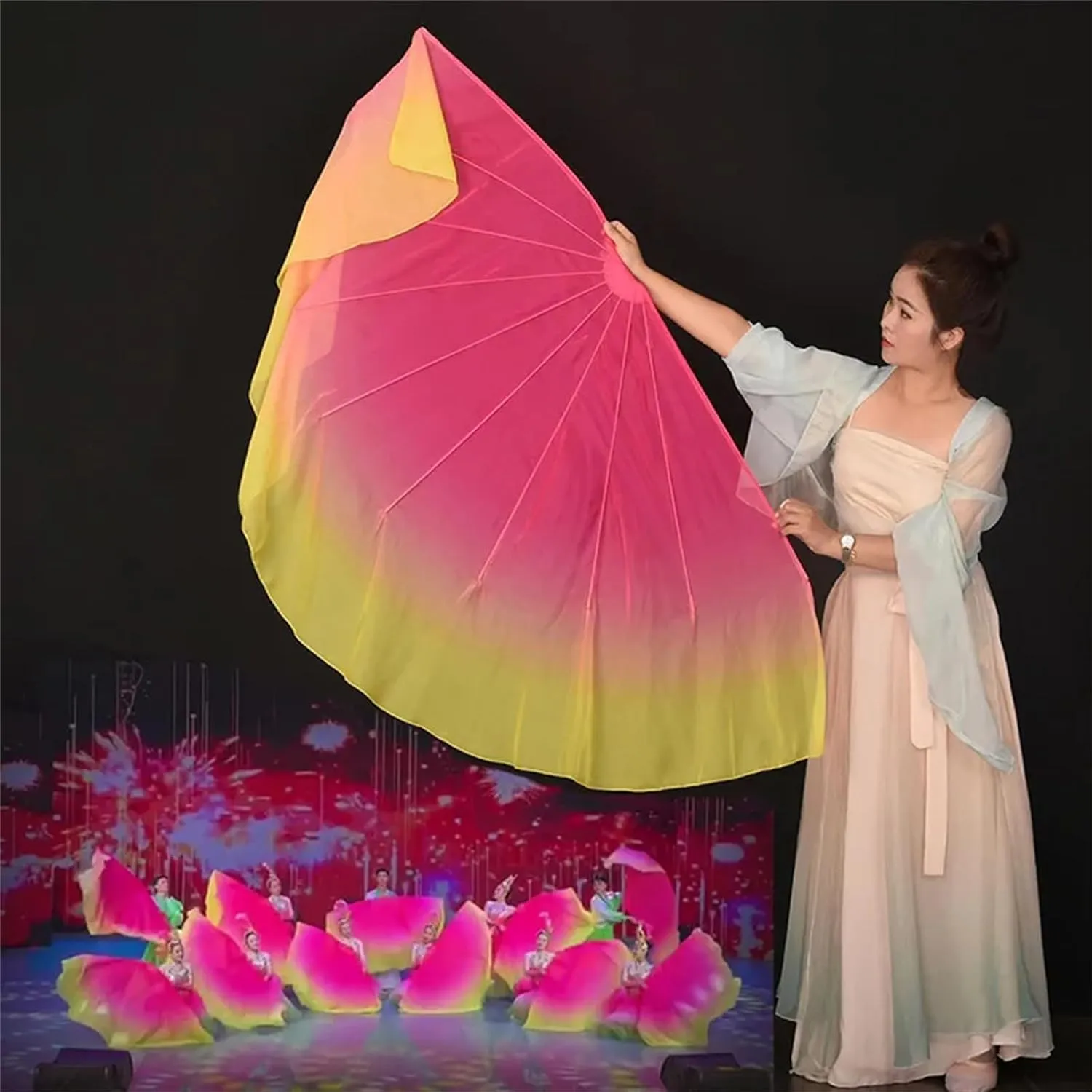 Mnjyihy 2Pcs Light Weight Flowy Fishbone Fan Opening Stage Props Chiffon Chinese Folk Dance Performance Gradient Colour Dance Yangko Fan