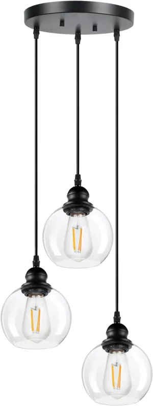 Modern 3-Light Pendant Light Fixtures, Industrial Hanging Ceiling Lamp With Clear Glass Shade, vintage Black Pendant lighting for Kitchen Island Living Room Hallway Bedroom Dining Hall Office Stairway