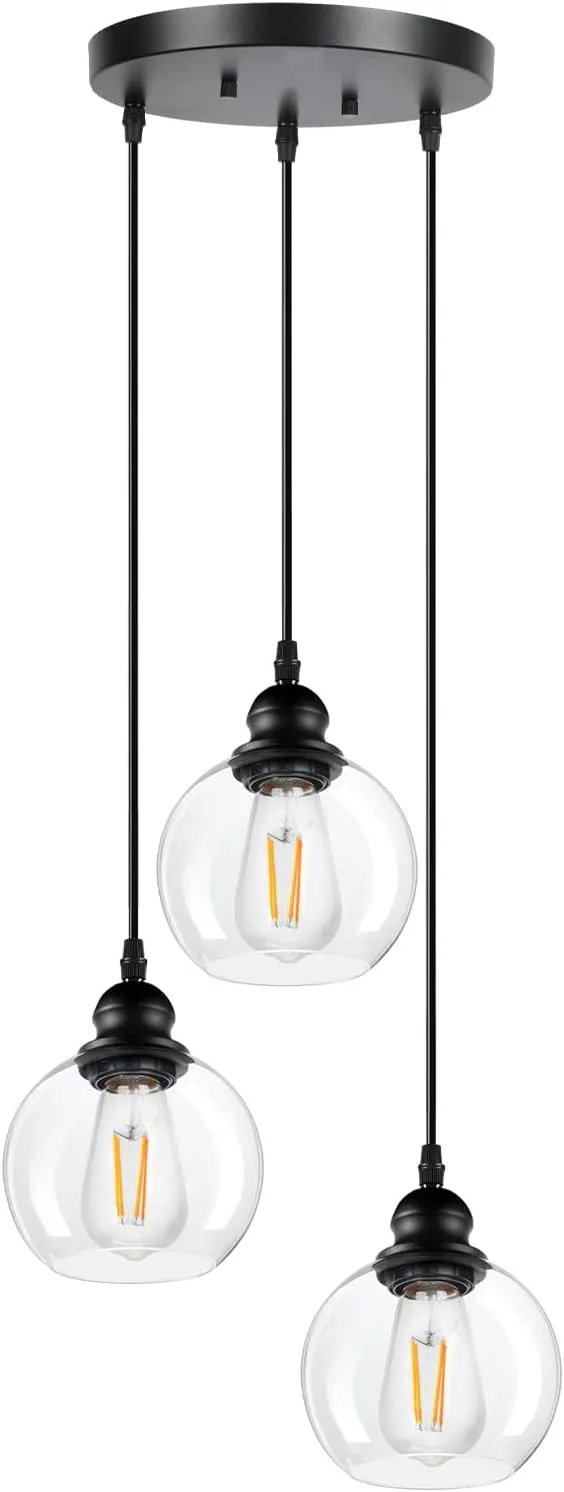 Modern 3-Light Pendant Light Fixtures, Industrial Hanging Ceiling Lamp With Clear Glass Shade, vintage Black Pendant lighting for Kitchen Island Living Room Hallway Bedroom Dining Hall Office Stairway