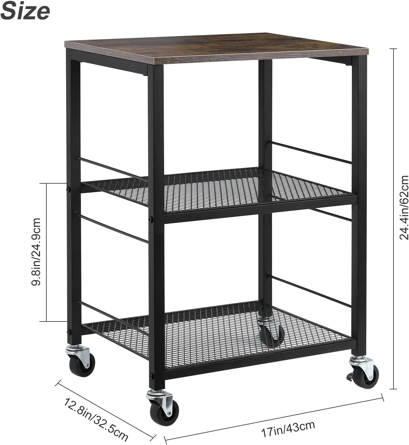 MOOACE Rustic 3 Tier End Table with Wheel,Side Table Nightstand Storage Shelf for Bedroom,Kitchen,Living Room and Office, Stable Metal Frame,Wood Top, Easy Assembly - Brown&Black