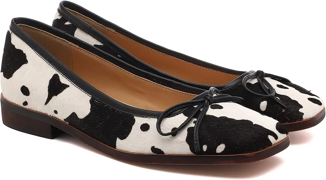 MOOMMO Women Ballet Flats Square Toe Slip on Flats for Women Comfortable Animal Print Flats Shoes Cow Pattern Bow Flat Heel Pumps Cute Dress Shoes Fur Daily Work 4-10 M US