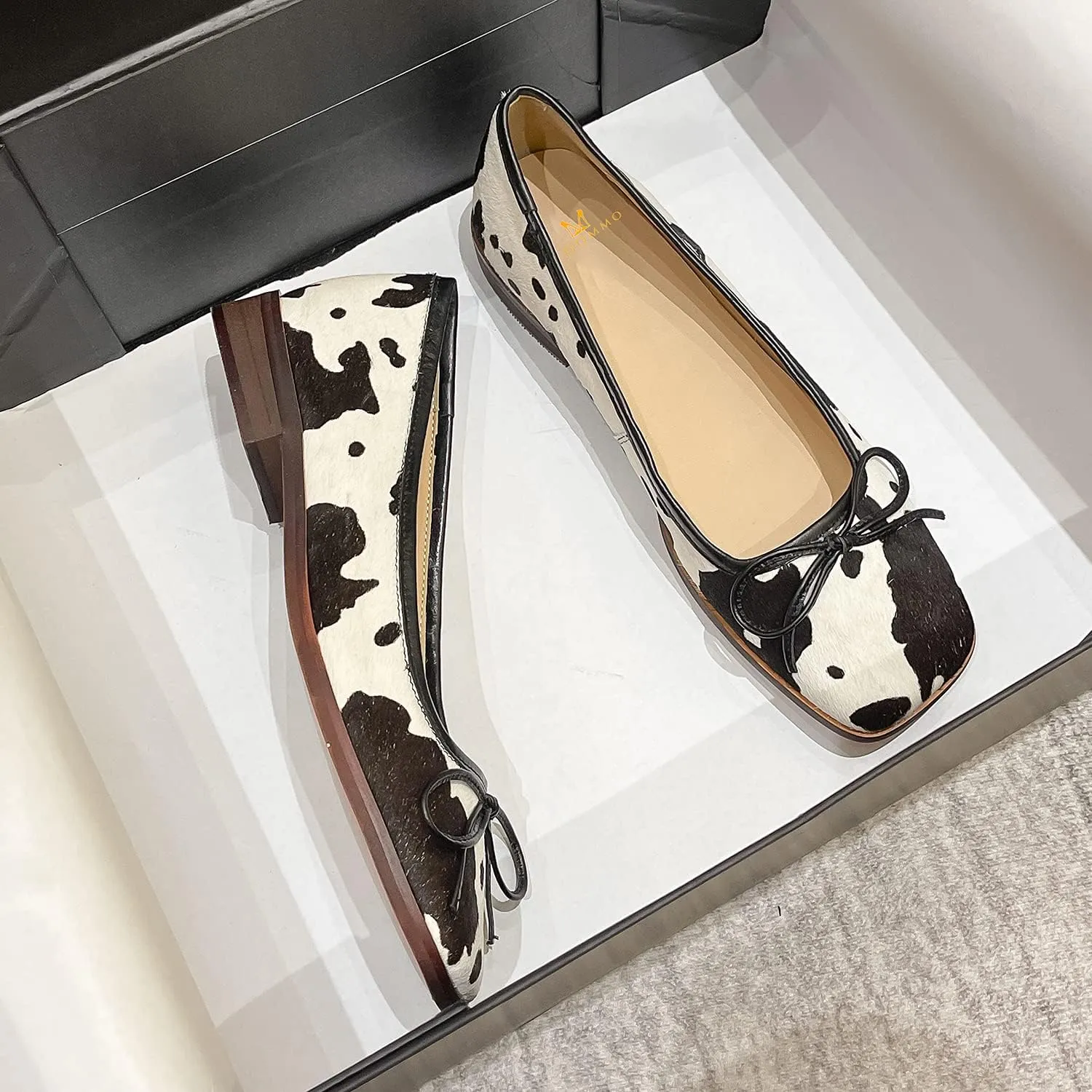 MOOMMO Women Ballet Flats Square Toe Slip on Flats for Women Comfortable Animal Print Flats Shoes Cow Pattern Bow Flat Heel Pumps Cute Dress Shoes Fur Daily Work 4-10 M US