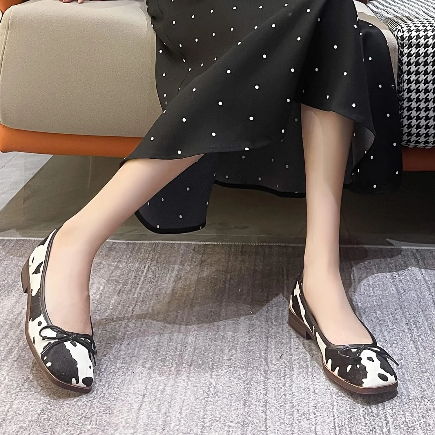 MOOMMO Women Ballet Flats Square Toe Slip on Flats for Women Comfortable Animal Print Flats Shoes Cow Pattern Bow Flat Heel Pumps Cute Dress Shoes Fur Daily Work 4-10 M US