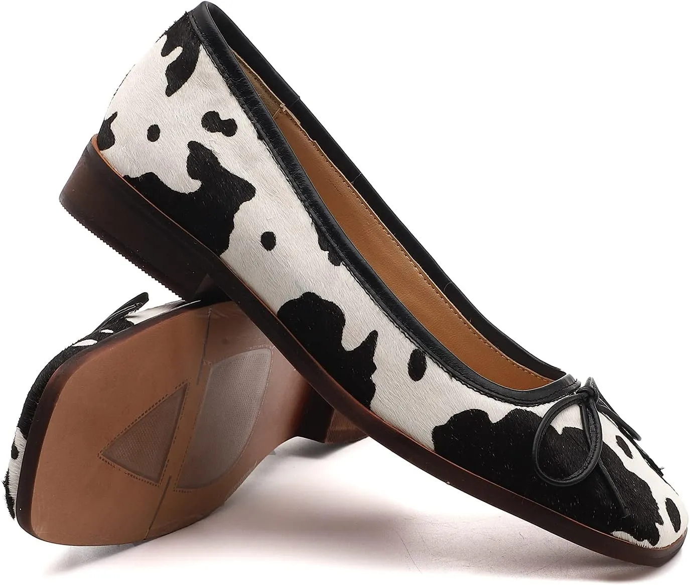 MOOMMO Women Ballet Flats Square Toe Slip on Flats for Women Comfortable Animal Print Flats Shoes Cow Pattern Bow Flat Heel Pumps Cute Dress Shoes Fur Daily Work 4-10 M US