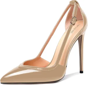 MOVINSTEPS Womens Dress Adjustable Strap Slip On Dating Pointed Toe Patent Stiletto High Heel Pumps Shoes 4.7 Inch