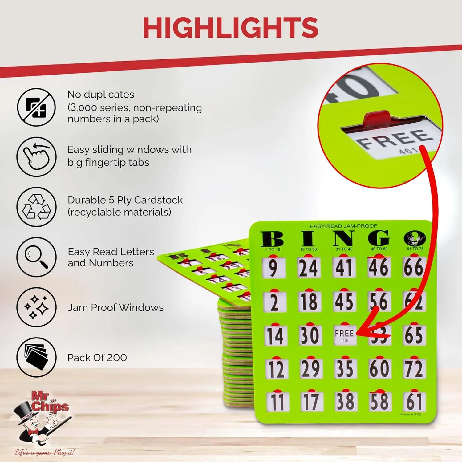 MR CHIPS Jam-Proof Easy-Read Large Print Fingertip Bingo Cards with Sliding Windows 200 Pack in Green Style
