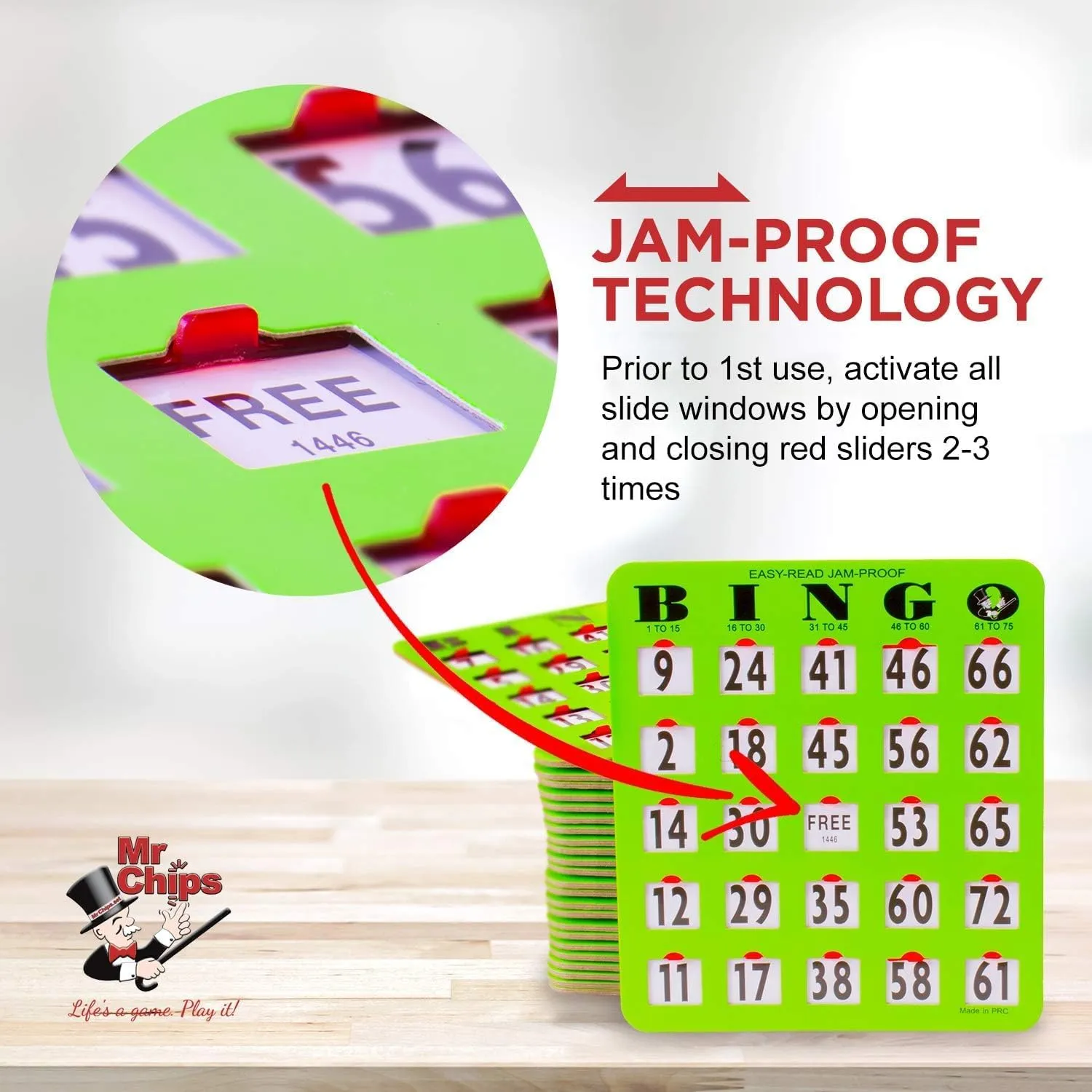 MR CHIPS Jam-Proof Easy-Read Large Print Fingertip Bingo Cards with Sliding Windows 200 Pack in Green Style