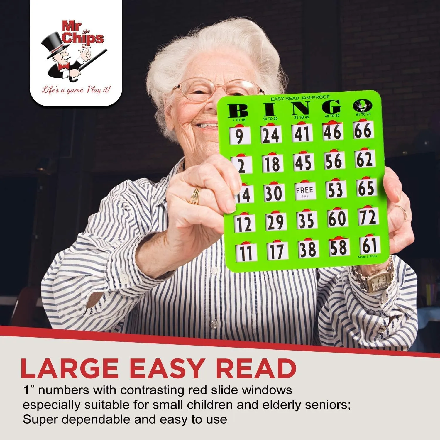 MR CHIPS Jam-Proof Easy-Read Large Print Fingertip Bingo Cards with Sliding Windows 200 Pack in Green Style