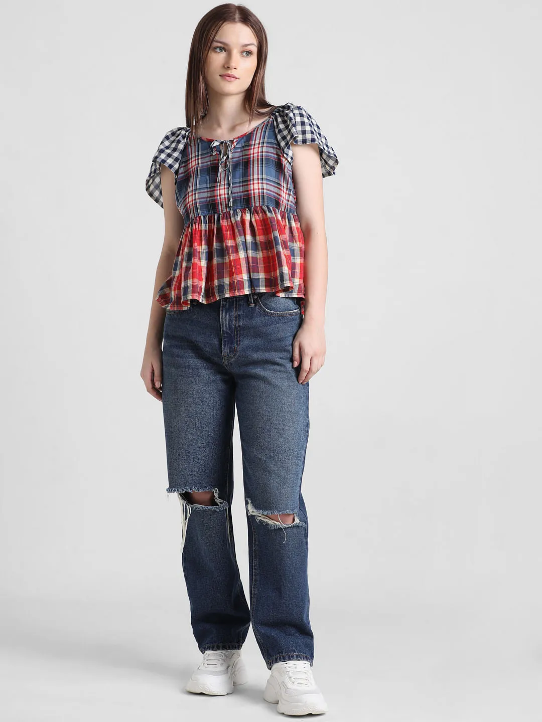 Multi-Coloured Check Peplum Top