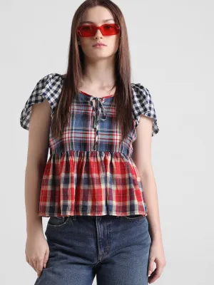 Multi-Coloured Check Peplum Top