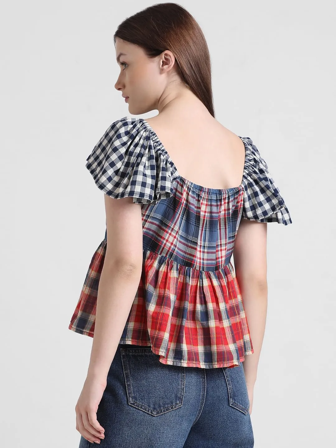 Multi-Coloured Check Peplum Top
