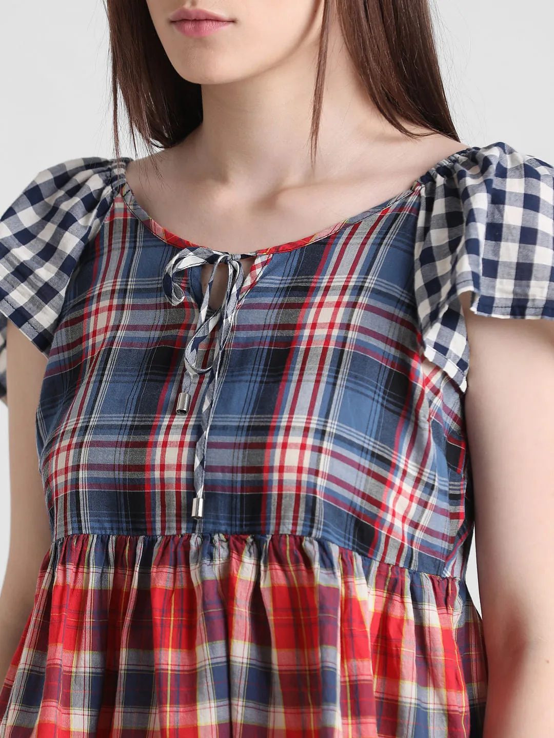 Multi-Coloured Check Peplum Top