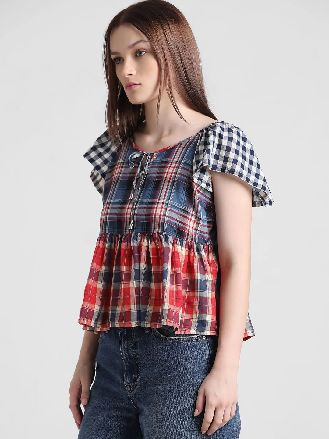 Multi-Coloured Check Peplum Top