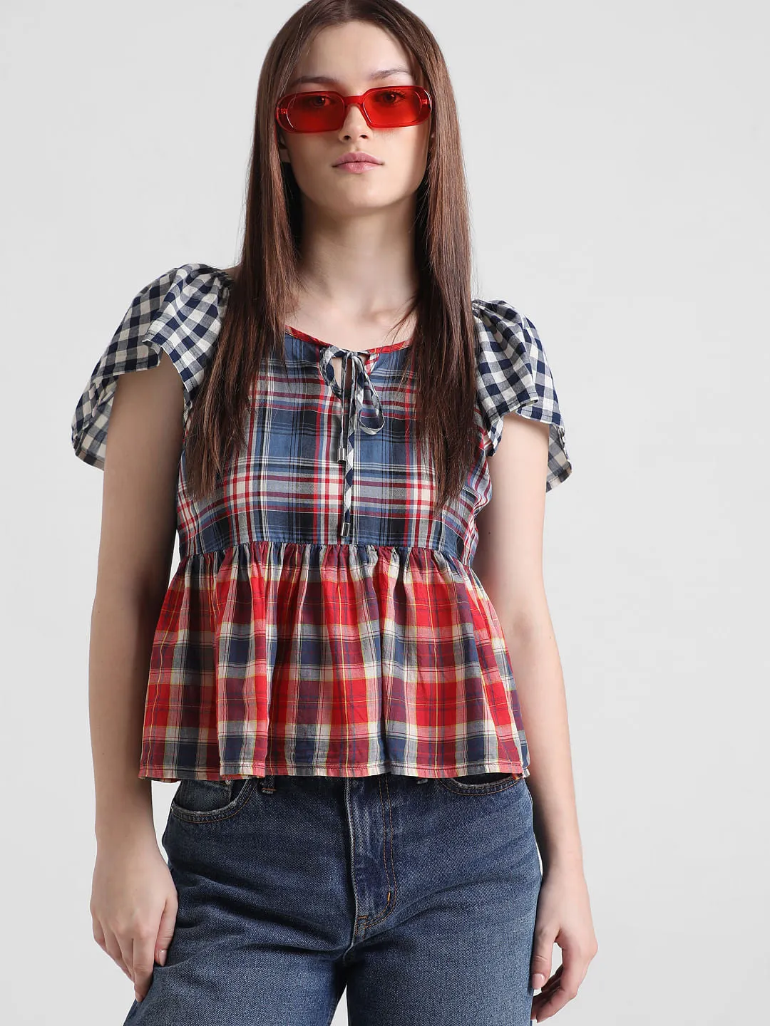 Multi-Coloured Check Peplum Top