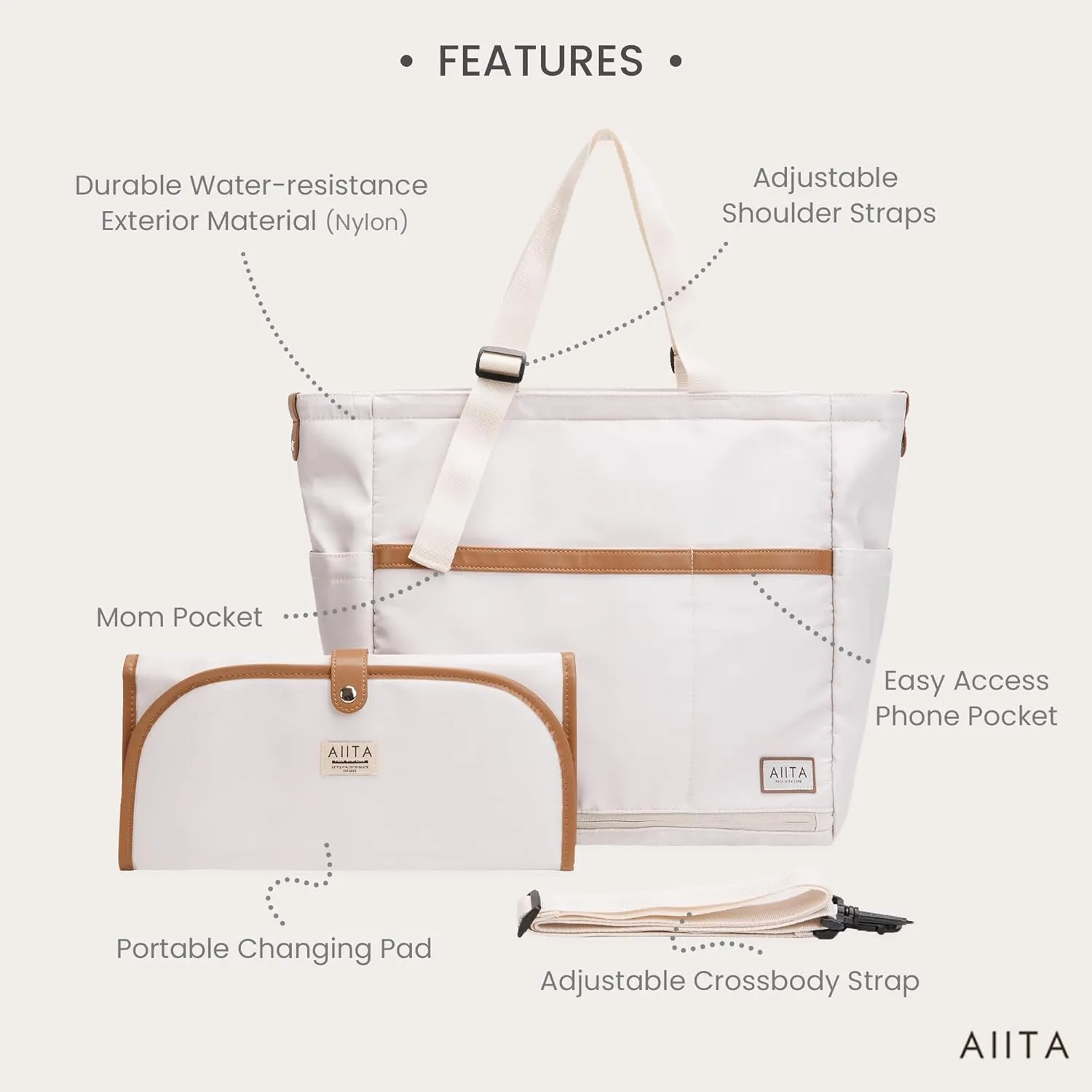 Multifunctional Diaper Tote Bag for Moms Dads, Large Water-Resistant Baby Bag with Insulated Pockets, Foldable Changing Pad, Lightweight Stylish Easy Clean Convertible Bag for Women Men, White