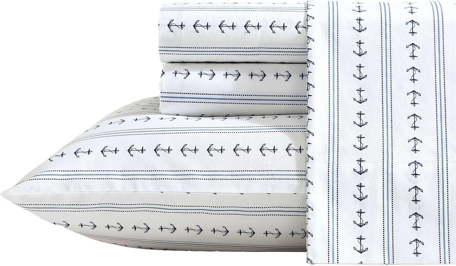 Nautica - Sheets, Cotton Percale Bedding Set with Matching Pillowcases, Crisp & Cool, Deep Pocket (Anchor Lines Blue, Queen)