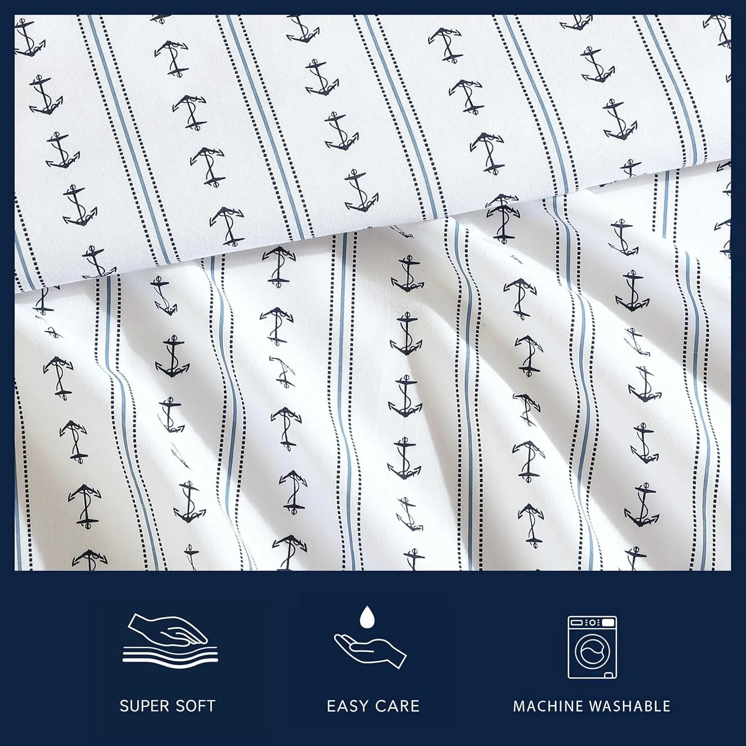 Nautica - Sheets, Cotton Percale Bedding Set with Matching Pillowcases, Crisp & Cool, Deep Pocket (Anchor Lines Blue, Queen)