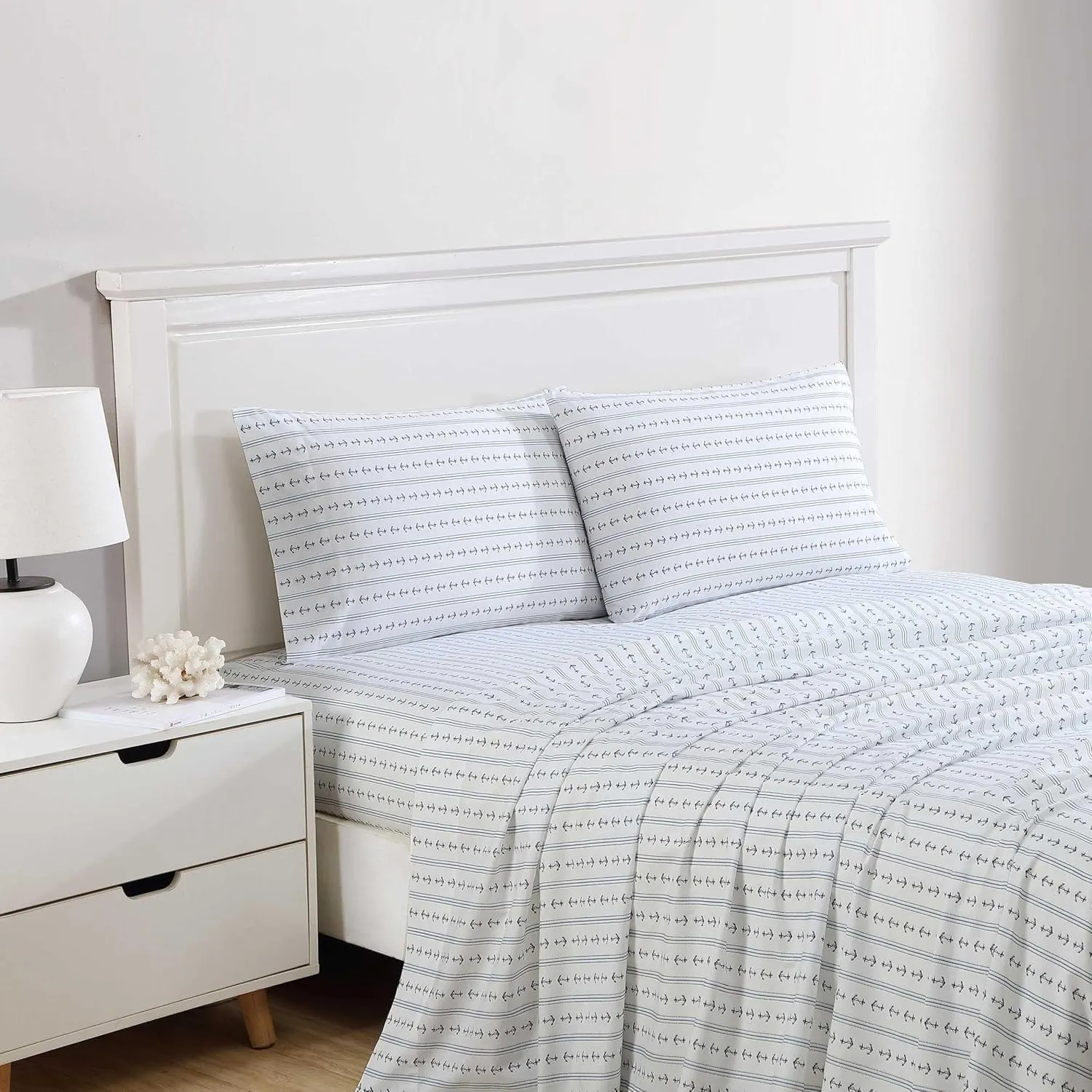 Nautica - Sheets, Cotton Percale Bedding Set with Matching Pillowcases, Crisp & Cool, Deep Pocket (Anchor Lines Blue, Queen)