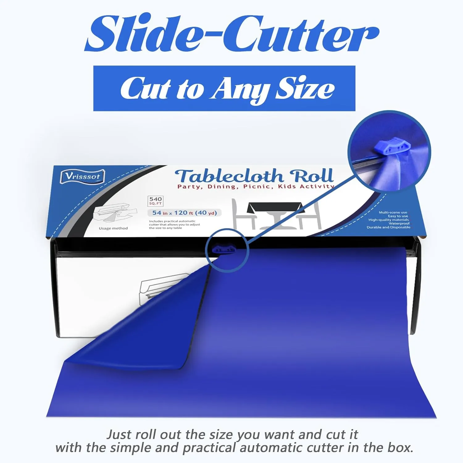 Navy Blue Plastic Tablecloth Roll: 54in X 120ft, Disposable with Easy Slide Cutter, Fit Any Shape & Size Tables, Perfect for Picnic, Party, Birthdays