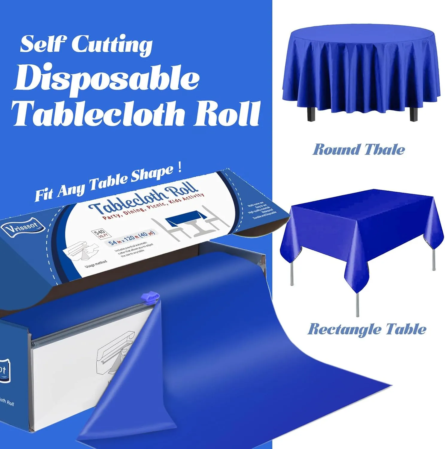 Navy Blue Plastic Tablecloth Roll: 54in X 120ft, Disposable with Easy Slide Cutter, Fit Any Shape & Size Tables, Perfect for Picnic, Party, Birthdays