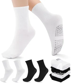 NAYSAYE 4 Pairs Non-Slip Pilates Socks for Women, Soft Cotton Crew Socks with Grips, Ideal for Yoga, Dance, and Home Workouts, Comfortable and Breathable Design(2 Black 2 White)