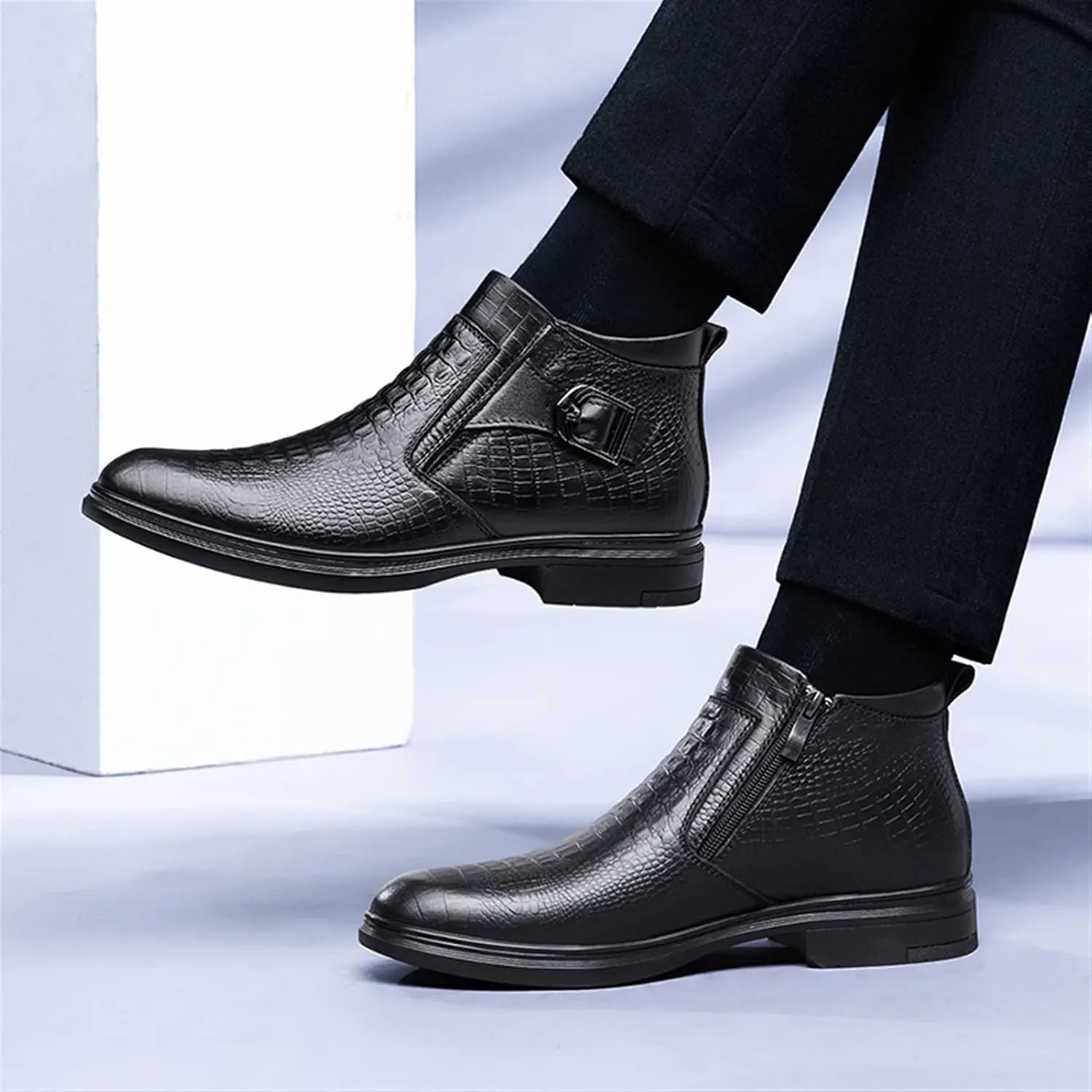 New Chelsea Boots For Men Crocodile Print With Buckle With Zipper Cowhide Leather Slip On Waterproof Anti-slip Wearable Formal Slip On