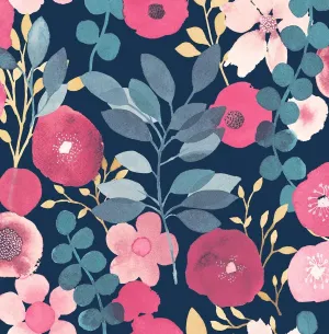NextWall Garden Dance Floral Peel and Stick Wallpaper (Navy & Magenta)