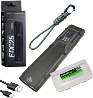 Nitecore EDC25 3000 Lumen Flat EDC Flashlight, USB-C Rechargeable Dual Beam Slim Compact Powerful Duty Light w/EdisonBright Accessory case Bundle