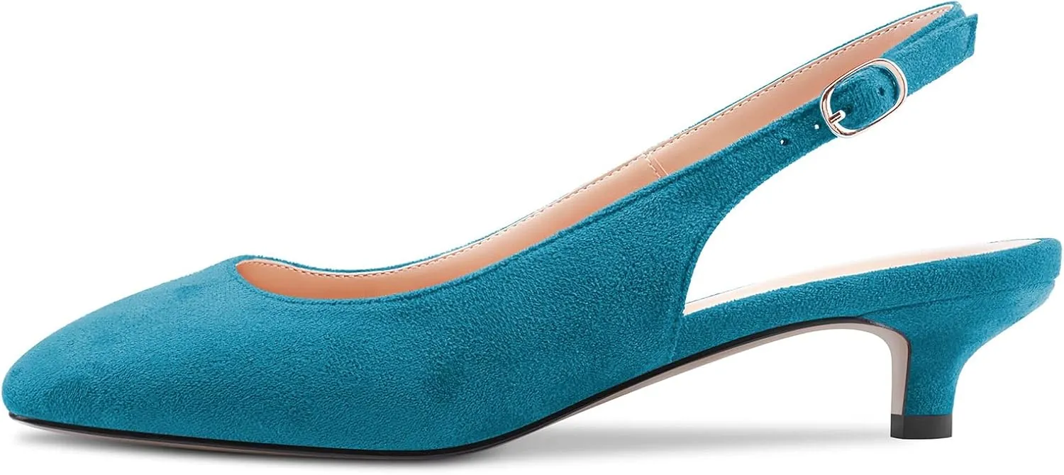 NobleOnly Stiletto Low Kitten Heel Close Toe Slip-on Pumps Slingback Buckle Dress Sandals 1.4 Inches Heels Shoes