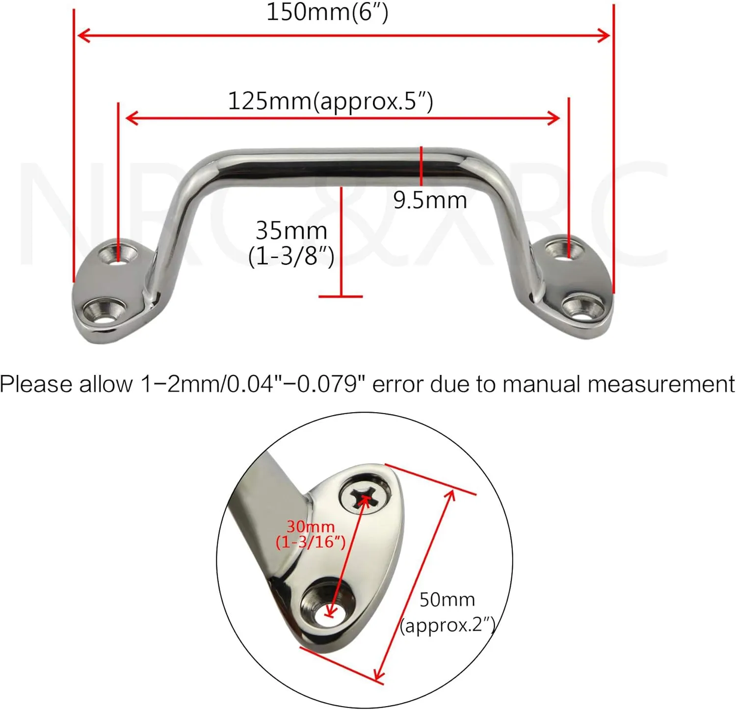 NRC&XRC Heavy Duty 316 Stainless Steel 6" （150MM） Marine Grade Boat Polished Marine Grab Handle Handrail W/Screws Boat Yacht Accessoies