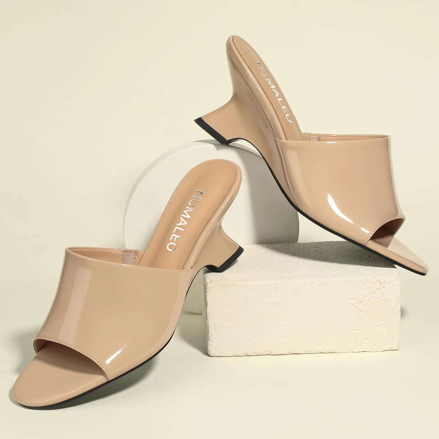 NUMALEO Women's Comfortable Low Kitten Heels Sandals, Slip-On Open Peep Toe Wedge Slide Mules, Summer Dress Shoes for Party, Homecoming, Daily Wear