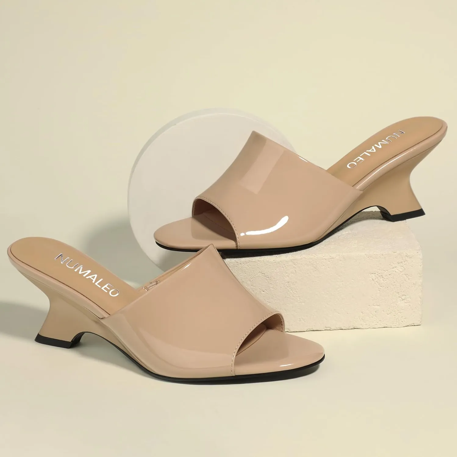 NUMALEO Women's Comfortable Low Kitten Heels Sandals, Slip-On Open Peep Toe Wedge Slide Mules, Summer Dress Shoes for Party, Homecoming, Daily Wear