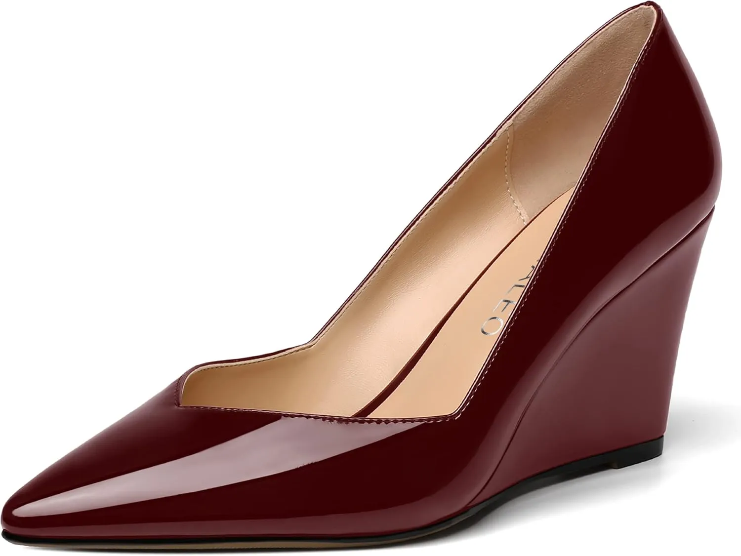 NUMALEO Womens Patent Slip On Casual Solid Pointed Toe Office Wedge High Heel Pumps Shoes 3.3 Inch