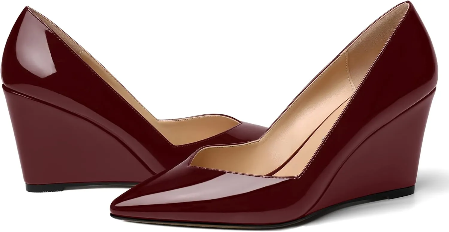 NUMALEO Womens Patent Slip On Casual Solid Pointed Toe Office Wedge High Heel Pumps Shoes 3.3 Inch