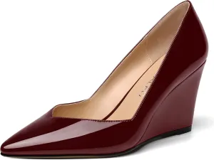 NUMALEO Womens Patent Slip On Casual Solid Pointed Toe Office Wedge High Heel Pumps Shoes 3.3 Inch