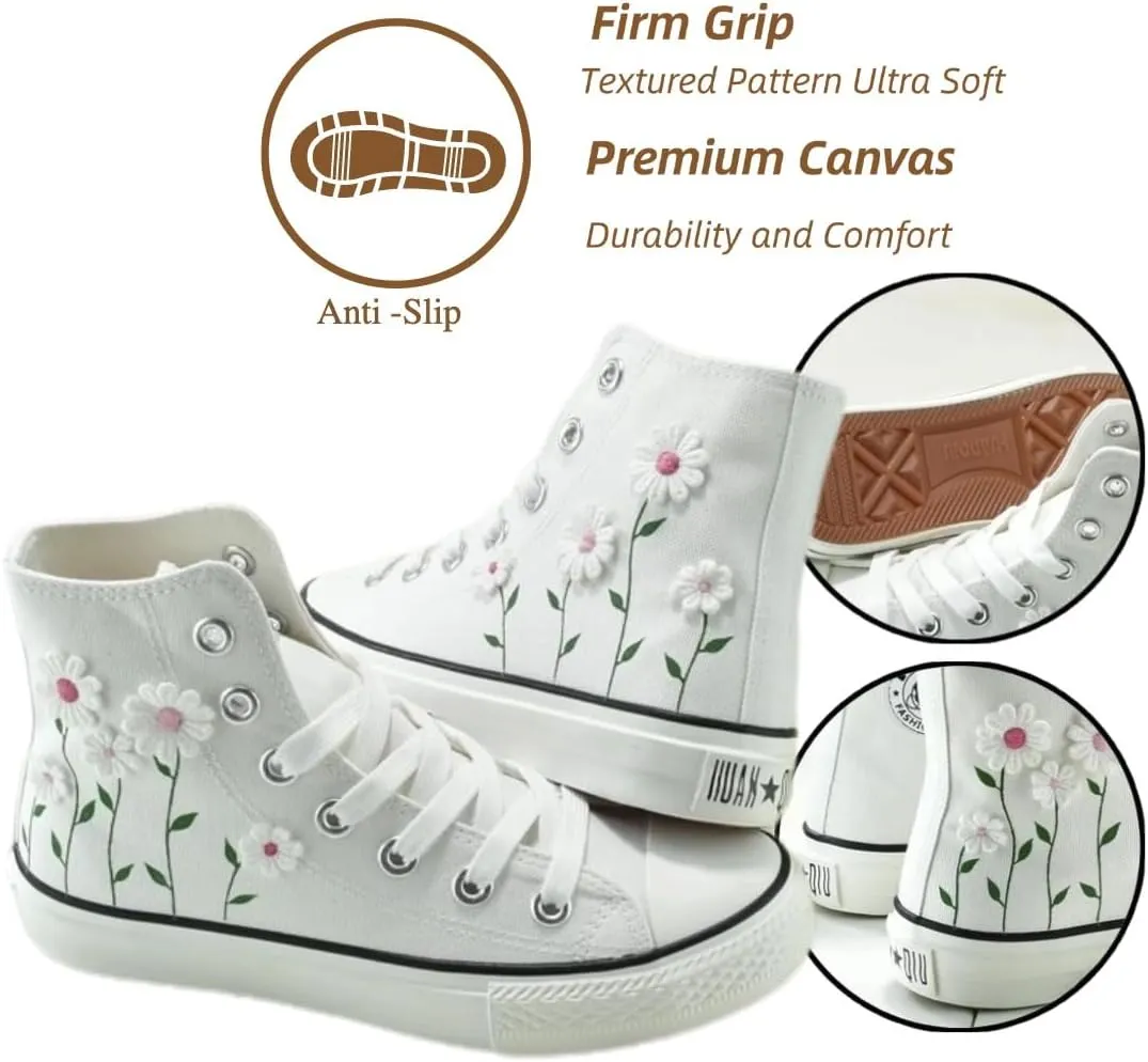 Ocean Foam Floral High Top Canvas Shoes for Women – Embroidered Korean Style Ethnic Graffiti Sneakers – Cute Aesthetic Spring Casual Shoes