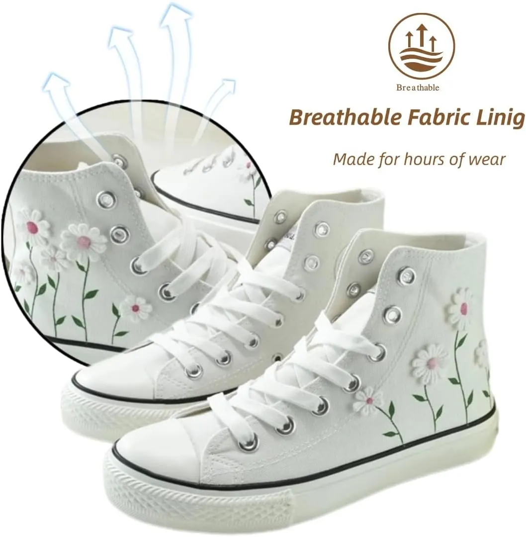 Ocean Foam Floral High Top Canvas Shoes for Women – Embroidered Korean Style Ethnic Graffiti Sneakers – Cute Aesthetic Spring Casual Shoes